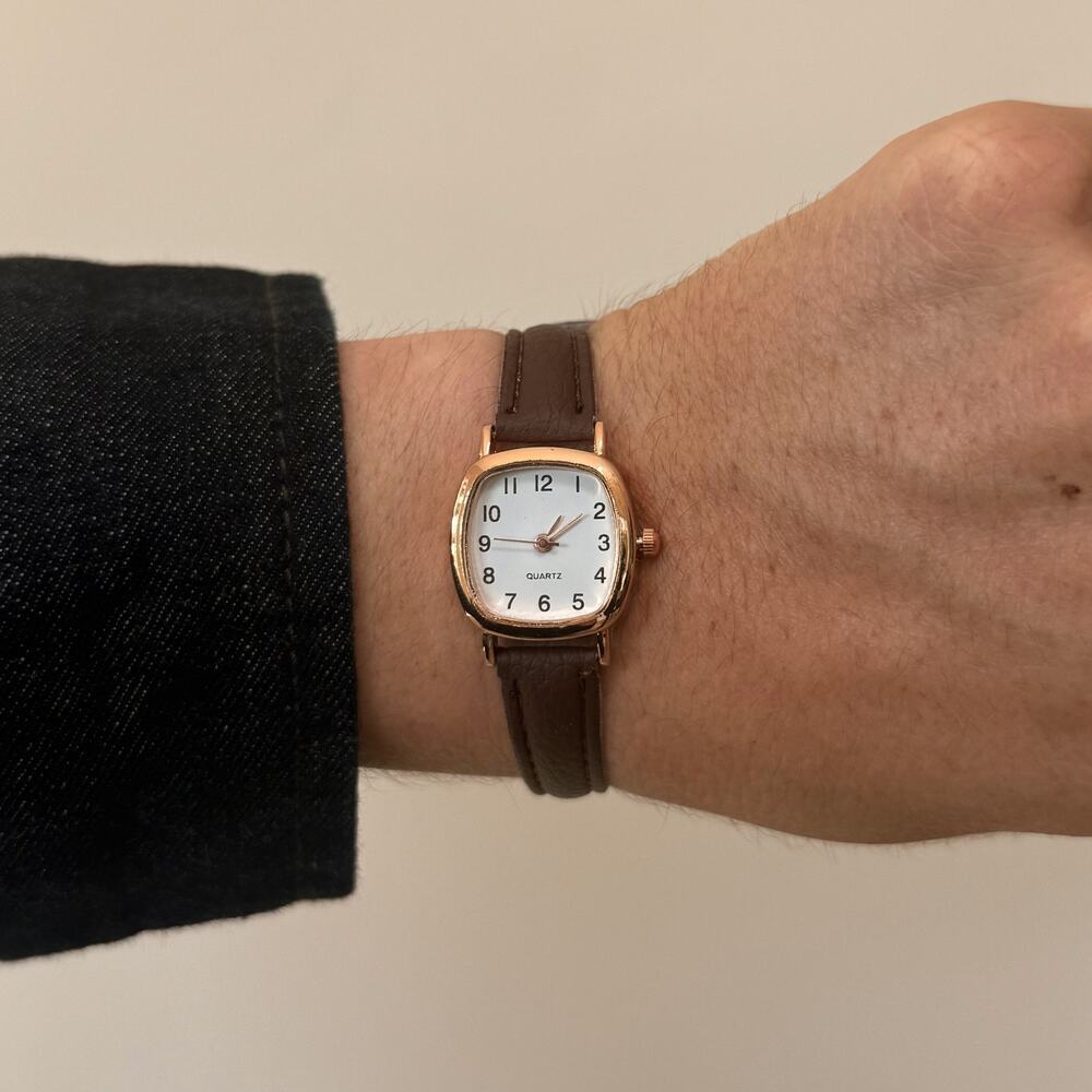 Y2K Rose Gold Brown Leather Quartz Watch with White Dial Unisex 8.5" New